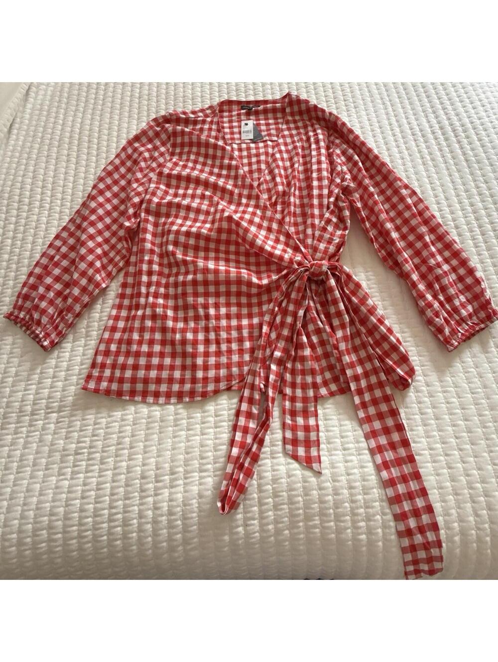 Lane Bryant Wrap Top Tie Waist 22 / 24 Red & White Gingham Long Sleeve Farmhouse
